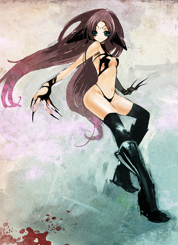 duca, bad id, bad pixiv id, aqua eyes, boots, claws, purple hair, thighhighs
