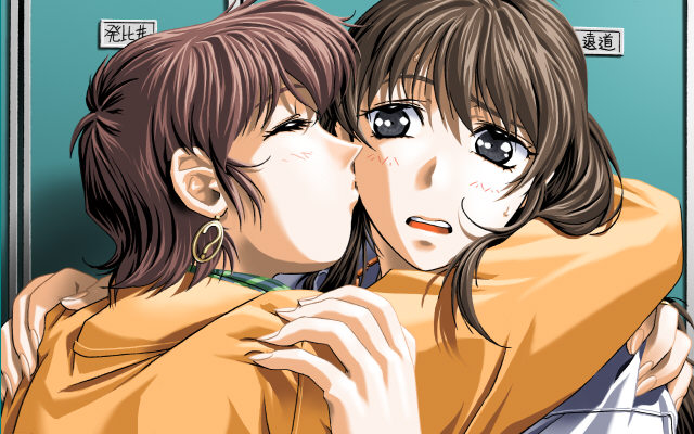 skyhouse, hana no kioku 4, game cg, 2girls, blue eyes, blush, brown hair, closed eyes, earrings, hug, jewelry, kiss, locker, long hair, multiple girls, red hair, short hair, sweat, yuri