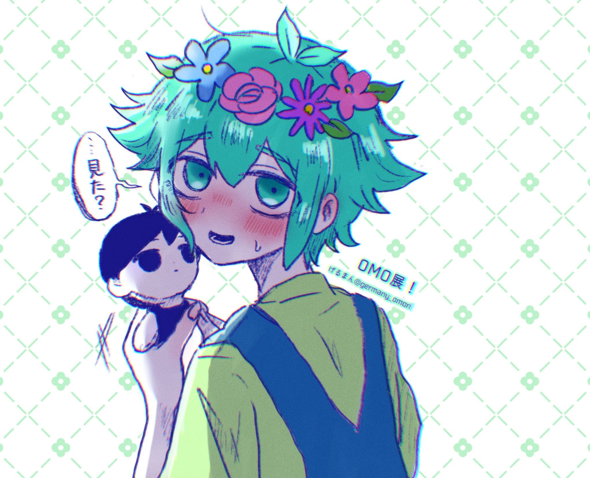 germany omori, basil (headspace) (omori), basil (omori), omori (omori), omori, highres, translation request, 1boy, antenna hair, blush, character doll, colored skin, doll, double-parted bangs, flower, green eyes, green hair, green shirt, hair between eyes, head wreath, holding, holding stuffed toy, looking at viewer, lower teeth only, male focus, open mouth, shirt, short hair, short sleeves, sidelocks, solo, speech bubble, stuffed toy, t-shirt, teeth, twitter username, upper body, white skin