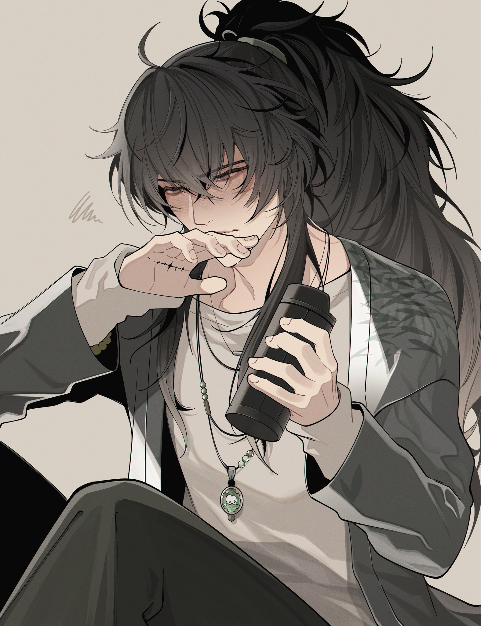 qiuyuan (wuthering waves), wuthering waves, commentary, hashtag-only commentary, highres, 1boy, alternate costume, arms up, black hair, black pants, blush, brown eyes, closed mouth, double-parted bangs, grey shirt, holding, jacket, jewelry, layered clothes, layered sleeves, long hair, long sleeves, male focus, necklace, pants, pendant, ponytail, shirt, sitting, solo, tacet mark (wuthering waves), wanxiaoyinghua