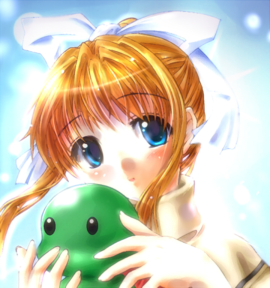 okotan (dewdrops), okotanukunuku, kamio misuzu, air (visual novel), bad id, bad pixiv id, 00s, 1girl, blonde hair, blue eyes, dinosaur, female focus, hair ribbon, ribbon, solo