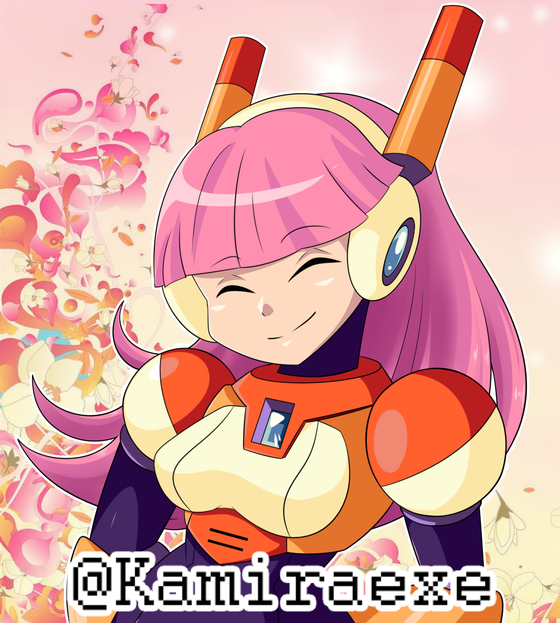 kamira-exe, minerva (mega man), mega man (series), mega man maverick hunter x, mega man x (series), 1girl, android, closed eyes, fembot, long hair, pink hair, smile