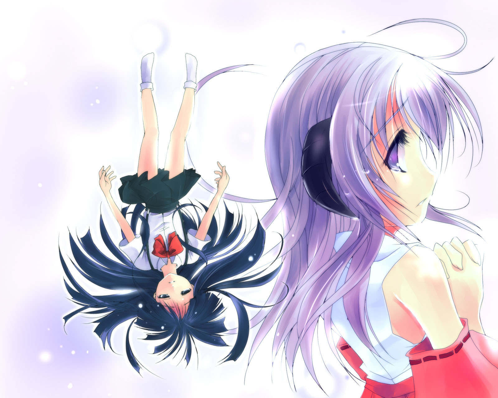okotan (dewdrops), okotanukunuku, furude rika, hanyuu, higurashi no naku koro ni, bad id, bad pixiv id, highres, 00s, 2girls, blue eyes, blue hair, detached sleeves, horns, japanese clothes, long hair, miko, multiple girls, profile, purple eyes, purple hair, school uniform, tears