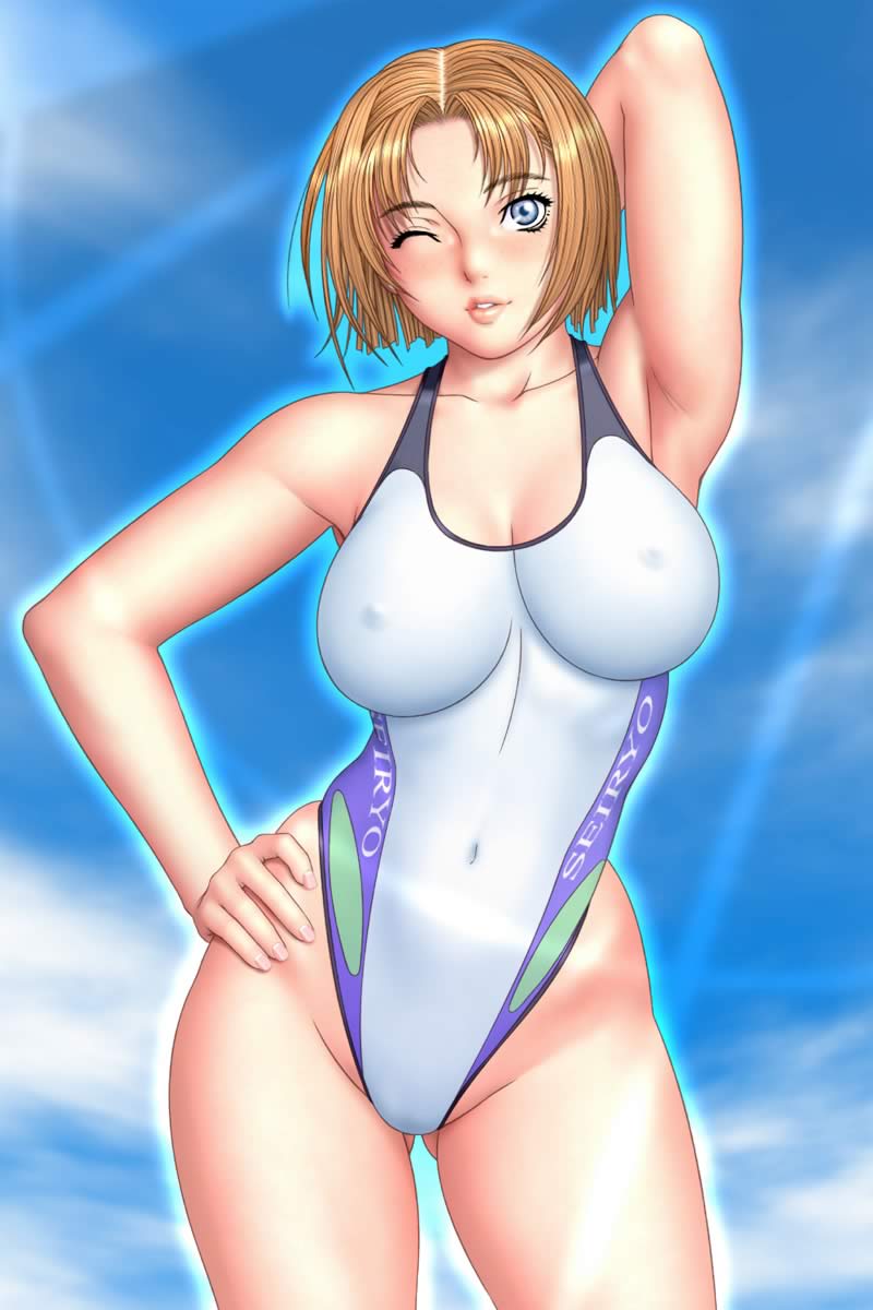 tsukasa jun, mifune seren, sister mermaid, game cg, highres, 1girl, ;d, arm behind head, arm up, armpits, blue eyes, blush, breasts, cleavage, cloud, competition swimsuit, covered erect nipples, day, female focus, groin, hand on own hip, highleg, highleg one-piece swimsuit, hip focus, impossible clothes, impossible swimsuit, large breasts, lips, lipstick, looking at viewer, makeup, nail polish, navel, one-piece swimsuit, one eye closed, open mouth, orange hair, outdoors, short hair, sky, smile, solo, standing, swimsuit, thick thighs, thighs, wink