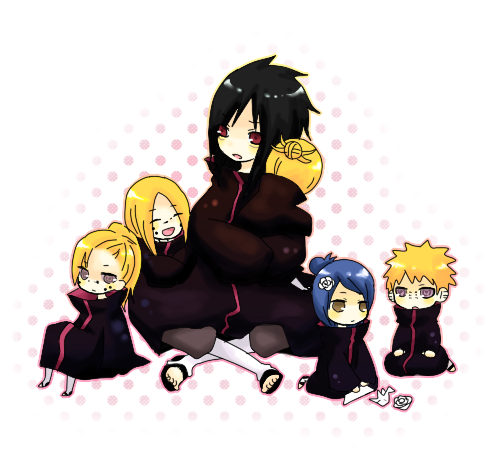 pomx, konan (naruto), pain (chikushoudou), pain (naruto), pain (ningendou), pain (tendo), uchiha madara, naruto (classic), naruto (series), naruto shippuuden, lowres, spoilers, 2girls, 4boys, blue hair, chibi, corpse, ear piercing, face piercing, full body, multiple boys, multiple girls, nose piercing, origami, paper crane, piercing, rinnegan, white background