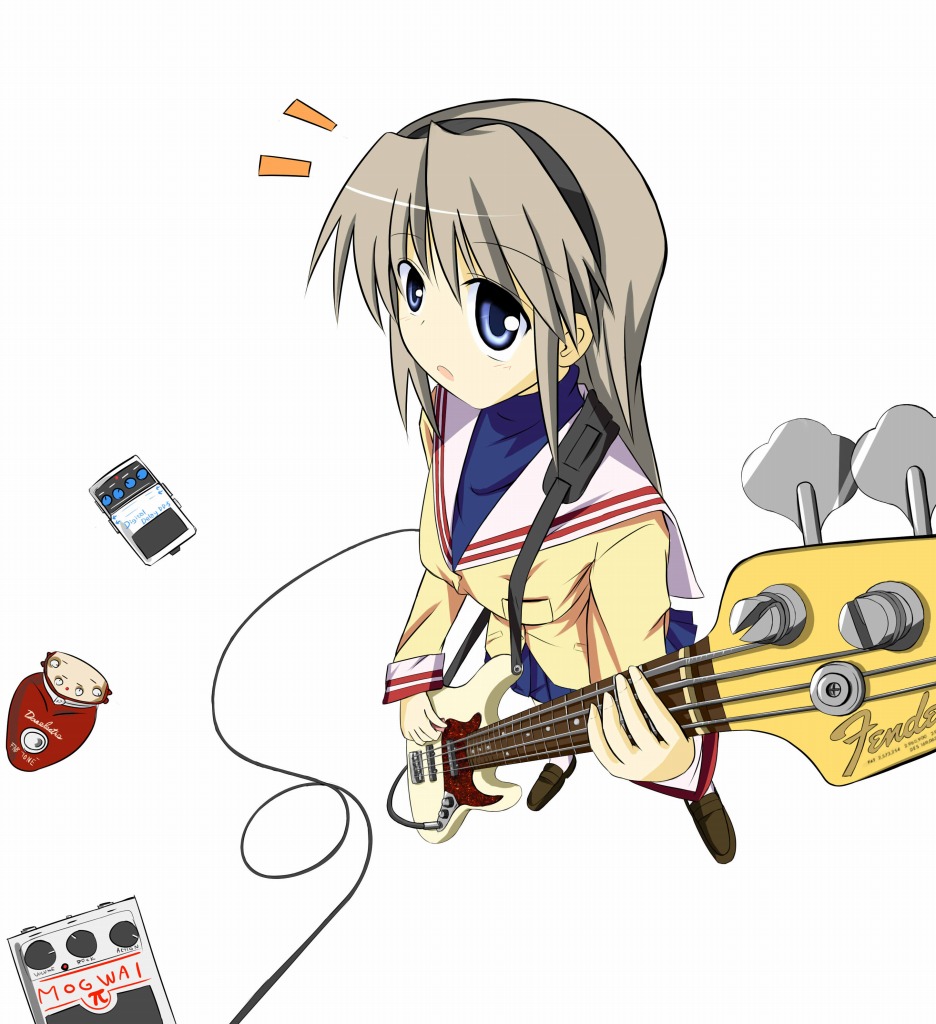 koichi zikan, sakagami tomoyo, clannad, silver hair, 00s, bass guitar, blue eyes, from above, guitar, hairband, instrument, long hair, school uniform, solo