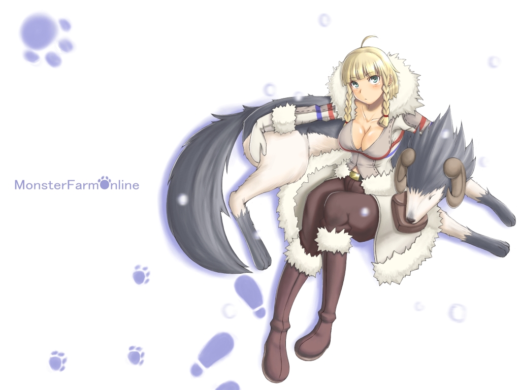 ashiro, tiger (monster farm), monster farm, monster farm online, fur, 1990s (style), 1girl, ahoge, blonde hair, blush, boots, braid, breasts, cleavage, coat, footprints, green eyes, large breasts, mittens, paw print, snow, twin braids