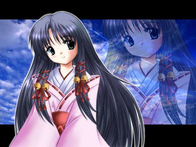 okotan (dewdrops), okotanukunuku, kannabi no mikoto, air (visual novel), bad id, bad pixiv id, 00s, 1girl, bell, blue eyes, blue hair, female focus, hair ribbon, japanese clothes, long hair, matching hair/eyes, ribbon, sky, solo