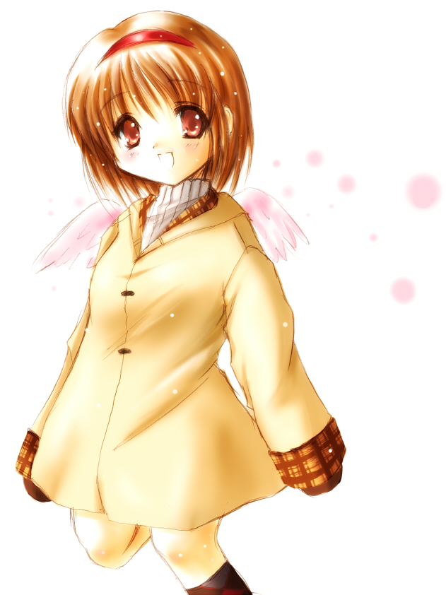 okotan (dewdrops), okotanukunuku, tsukimiya ayu, kanon, bad id, bad pixiv id, 1girl, coat, female focus, hairband, orange hair, red eyes, solo, wings