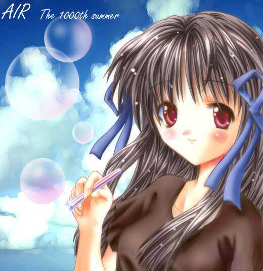 okotan (dewdrops), okotanukunuku, toono minagi, air (visual novel), silver hair, bad id, bad pixiv id, 00s, 1girl, bubble, female focus, hair ribbon, long hair, red eyes, ribbon, solo