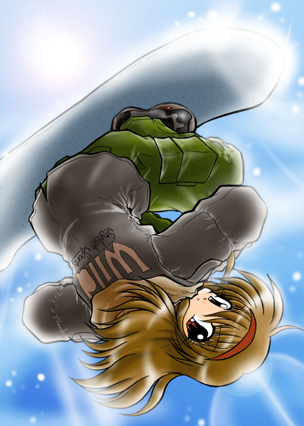 kanata miko, tsukimiya ayu, kanon, bad id, bad pixiv id, brown hair, cargo pants, hairband, long hair, pants, red eyes, snowboard, solo, upside-down