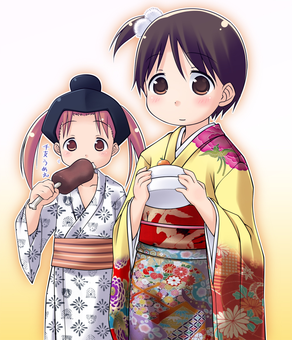 natsukon, itou chika, matsuoka miu, ichigo mashimaro, 2girls, animal print, bird print, boned meat, brown eyes, brown hair, child, closed mouth, crane print, eating, floral print, food, hanairi kikkou, hexagon, honeycomb pattern, japanese clothes, kagami mochi, kimono, meat, multiple girls, one side up, ponytail, shippou (pattern), short hair, side ponytail, twintails, yukata