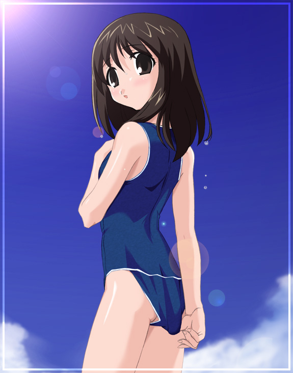 kasuga ayumu, azumanga daiou, md5 mismatch, resolution mismatch, source larger, adjusting clothes, adjusting swimsuit, bare shoulders, brown eyes, brown hair, cloud, day, from below, long hair, looking back, one-piece swimsuit, sky, solo, swimsuit