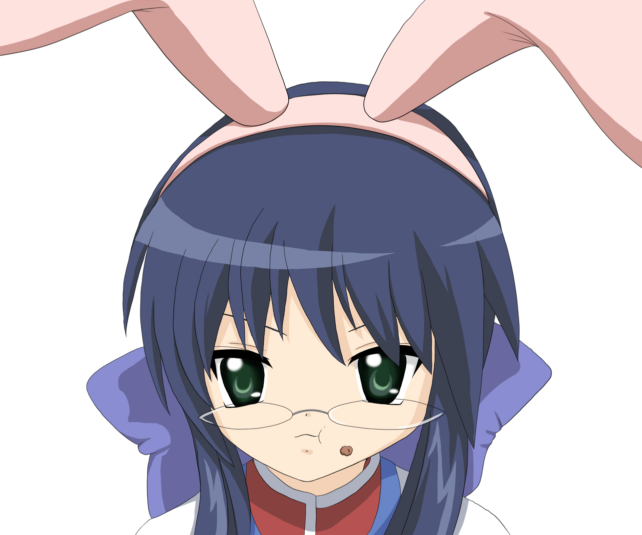 peppe, kawasumi mai, kanon, bad id, bad pixiv id, animal ears, blue hair, eating, food, food on face, glasses, green eyes, long hair, rabbit ears, solo