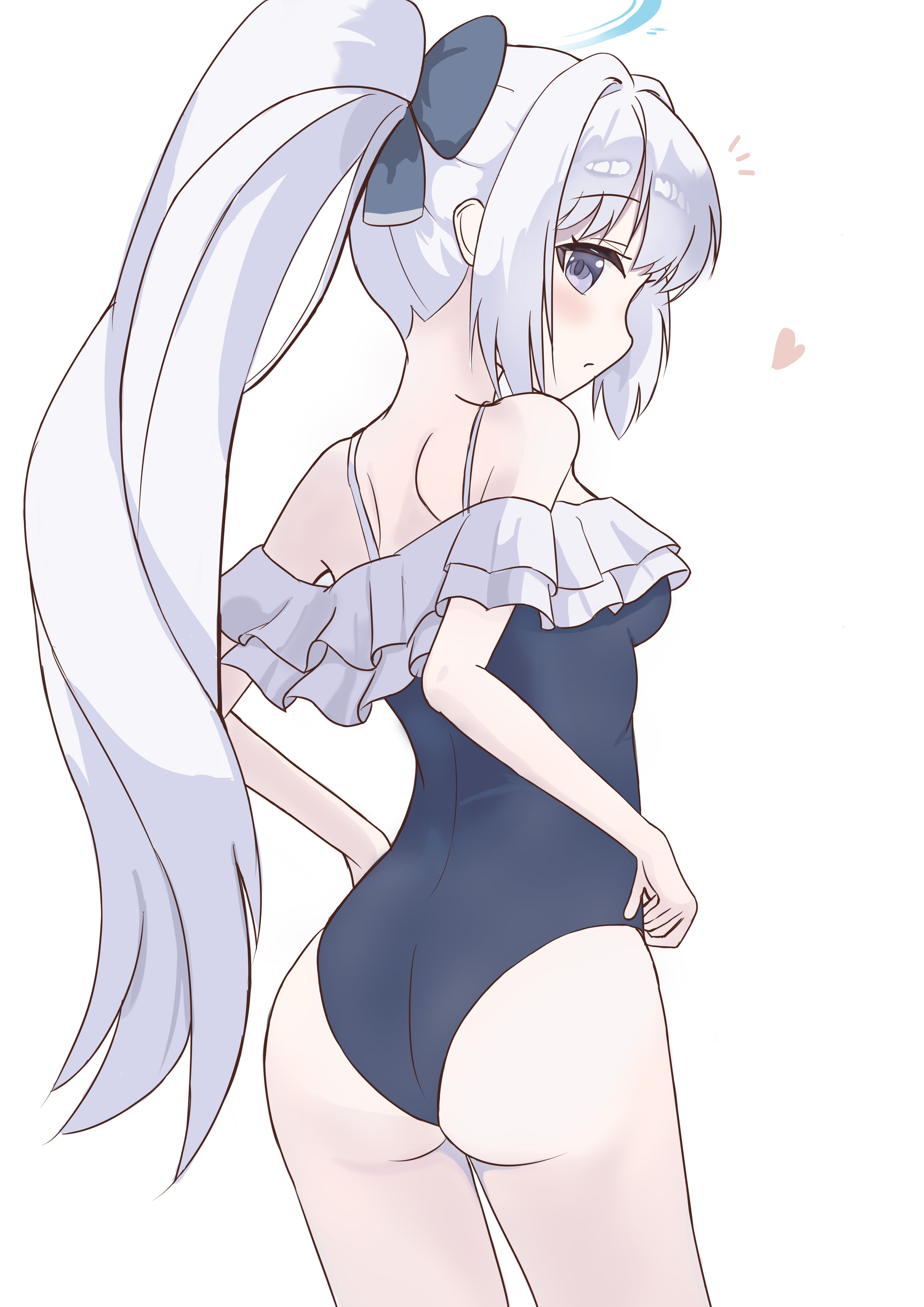 miyako (blue archive), blue archive, absurdres, commentary, highres, 1girl, adjusting clothes, adjusting swimsuit, ass, back, bare shoulders, black bow, blue one-piece swimsuit, blush, bow, breasts, casual one-piece swimsuit, cowboy shot, cy27, frilled one-piece swimsuit, frills, from behind, hair between eyes, hair bow, hair intakes, heart, impossible clothes, long hair, looking at viewer, looking back, medium breasts, notice lines, off-shoulder one-piece swimsuit, off shoulder, official alternate costume, official alternate hairstyle, one-piece swimsuit, ponytail, profile, purple eyes, sidelocks, simple background, swimsuit, very long hair, white background, white hair