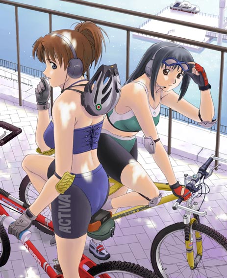 moriya naoki, original, vehicle, white legwear, long image, tall image, 2girls, adjusting eyewear, artist name, ass, back, bare shoulders, bicycle, bike shorts, black eyes, black hair, blue eyes, boat, breasts, brown hair, collarbone, elbow pads, eyewear on head, female focus, fingerless gloves, fingernails, floor, glasses, gloves, headset, helmet, holding, knee pads, long hair, looking at viewer, looking back, midriff, mountain bicycle, multiple girls, ocean, open mouth, outdoors, pier, ponytail, profile, riding, shade, shoes, short hair, shorts, sitting, socks, sunglasses, thighs, tree shade, unused tire, water, watercraft, watermark, wheel