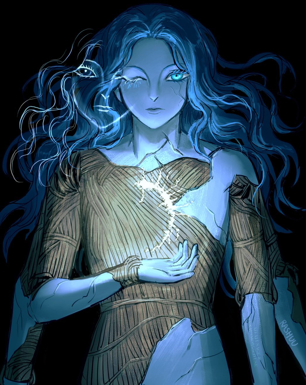 rashuu, ranni the witch, elden ring, commentary, english commentary, highres, 1girl, black background, blue eyes, blue skin, colored skin, cracked skin, doll, extra faces, inktober, long hair, one eye closed, solo, standing, wavy hair