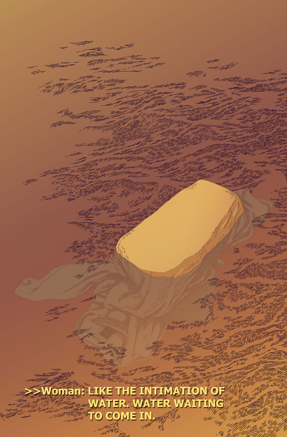 jessica hayworth, original, highres, analogous colors, drop shadow, english text, evening, fabric, from above, hatching (texture), lake, no humans, orange background, orange light, orange theme, outdoors, partially immersed, scenery, surreal, text focus, warm colored, water, waves
