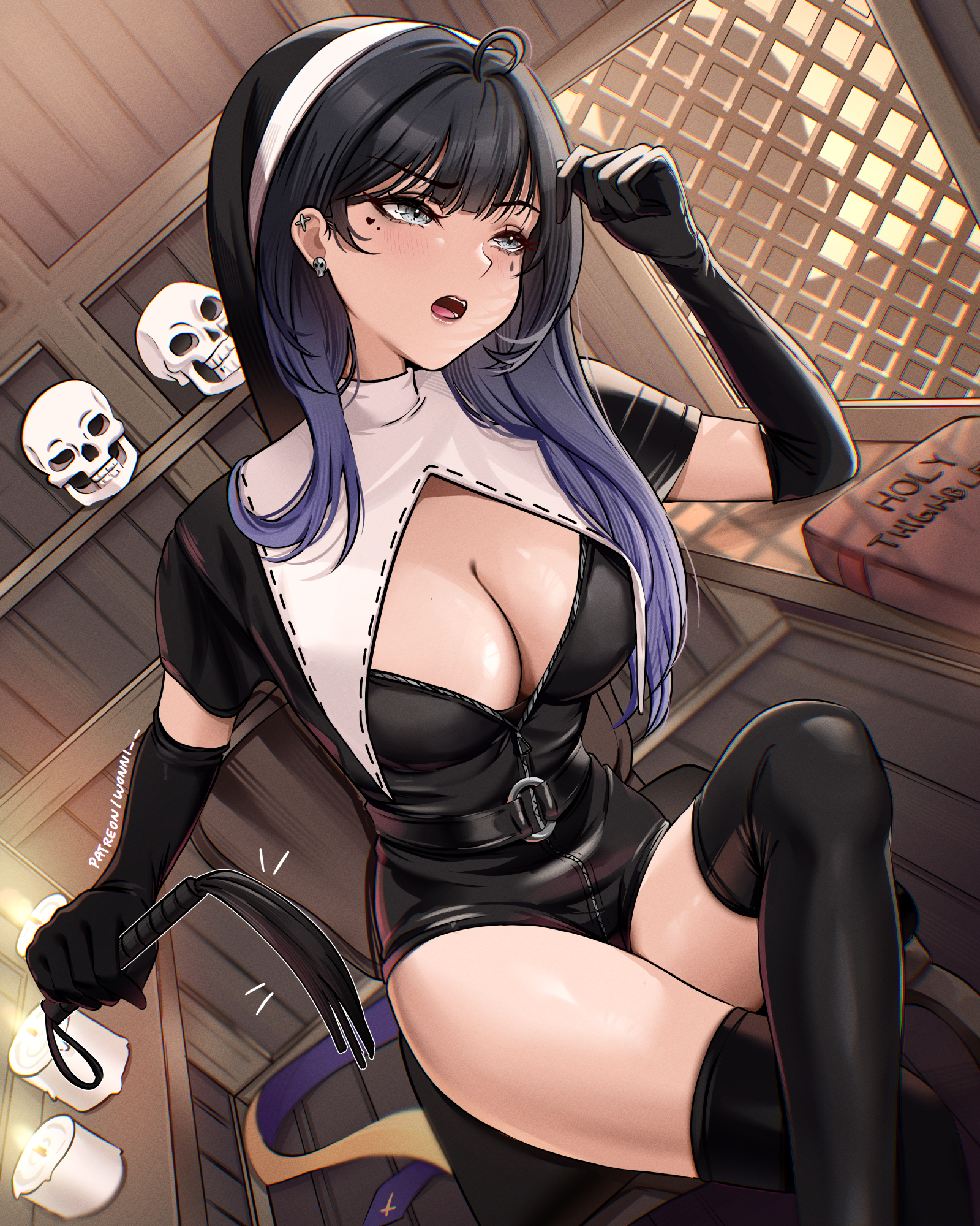 wonnikon, nabi (wonnikon), original, highres, 1girl, black leotard, breasts, candle, cleavage cutout, clothing cutout, confessional, crossed legs, ear piercing, earrings, elbow gloves, facial tattoo, flogger, gloves, gradient hair, grey eyes, hand in own hair, heart, heart on cheek, heart tattoo, jewelry, large breasts, leotard, mole, mole under eye, multicolored hair, nun, open mouth, piercing, purple hair, skull, skull earrings, stole, tattoo, thighhighs, whip