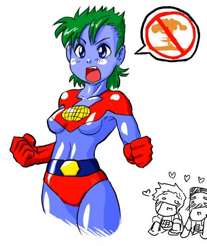 captain planet (character), kwame, wheeler, captain planet, gender request, lowres, 1girl, 2boys, blue eyes, blue skin, colored skin, genderswap, green hair, multiple boys, open mouth, solo focus, speech bubble, tomboy