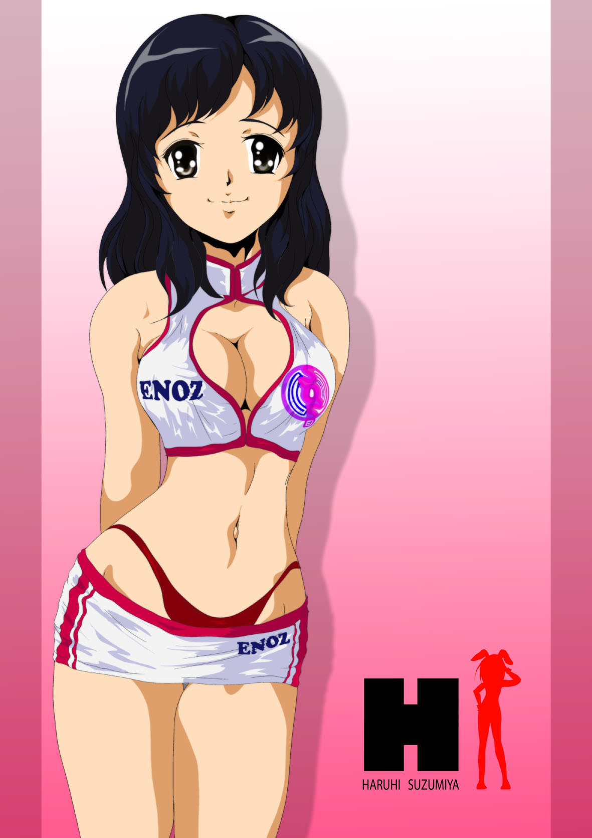 nanashi noiji, enomoto miyuki, suzumiya haruhi no yuuutsu, highres, non-web source, 00s, black eyes, black hair, cleavage cutout, clothing cutout, enoz, long hair, navel, panties, race queen, solo, underwear