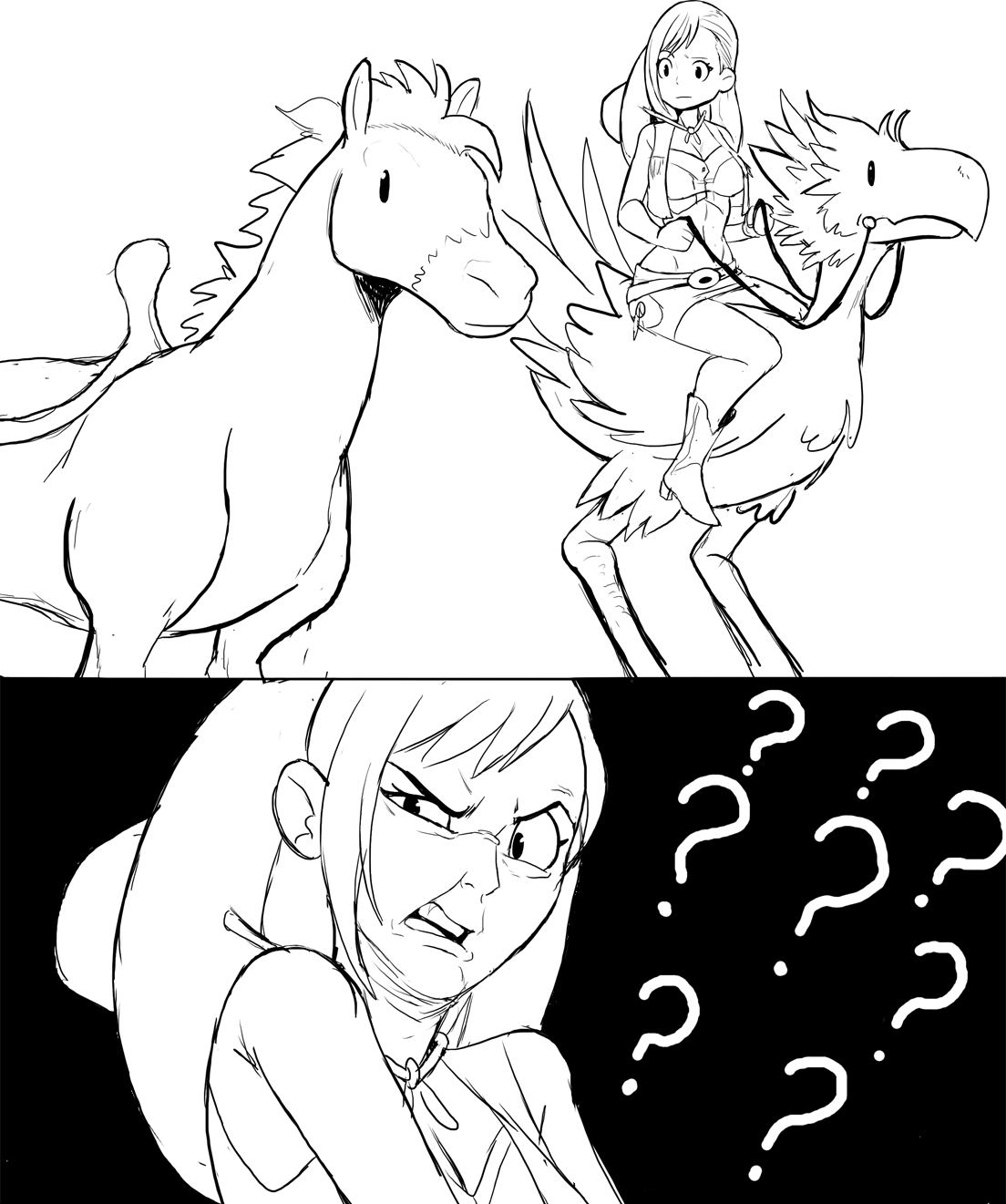 teevo, chocobo, tifa lockhart, final fantasy, final fantasy vii, 2koma, boots, breasts, cleavage, comic, confused, cowboy boots, cowboy hat, cowgirl outfit, disgust, hat, horse, official alternate costume, reins, riding, saddle, sketch, skirt