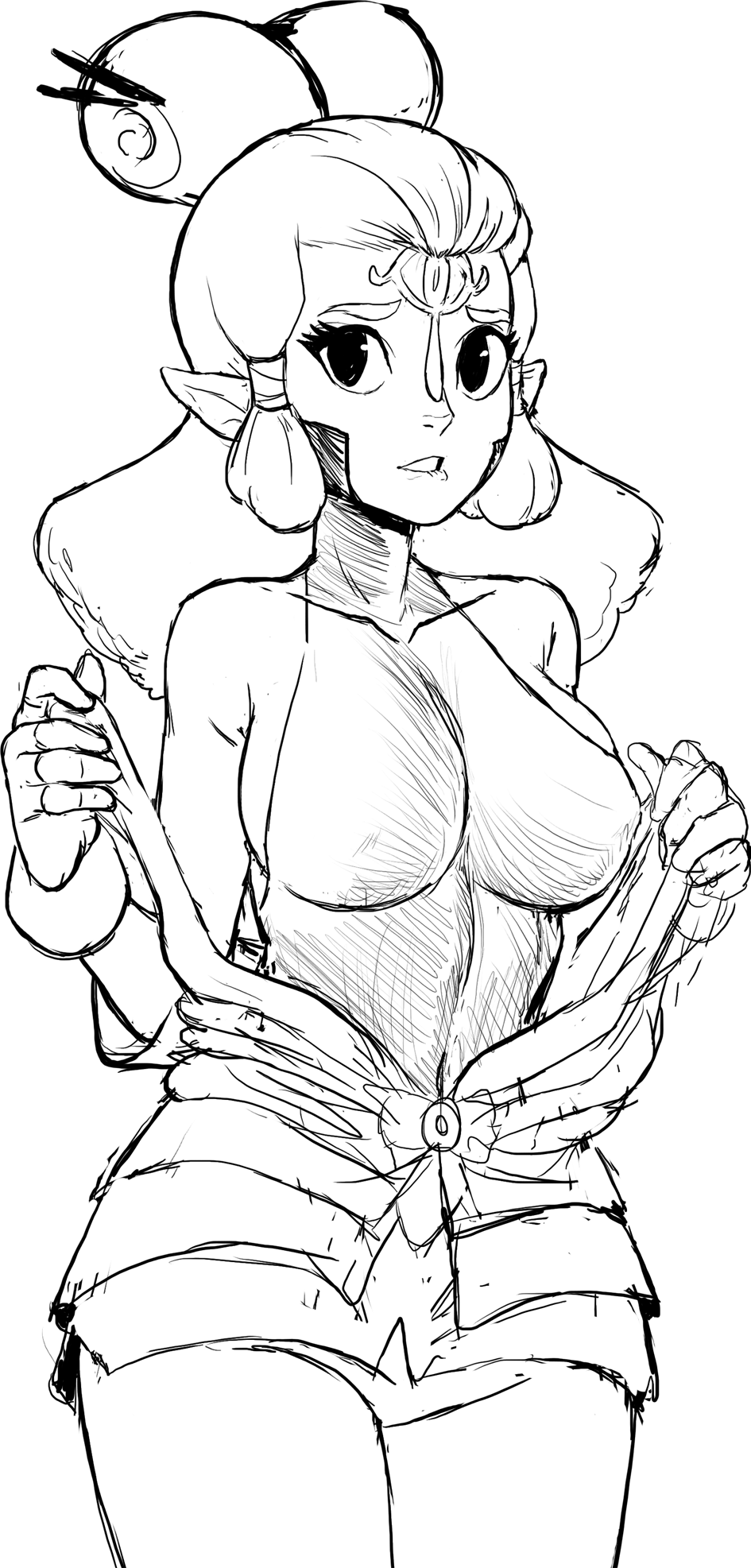 paya (zelda), nintendo, the legend of zelda, the legend of zelda: breath of the wild, biting own lip, breasts, fingerless gloves, gloves, hair bun, hair ornament, large breasts, looking at viewer, navel, pointy ears, sideboob, skin tight, tattoo, undressing