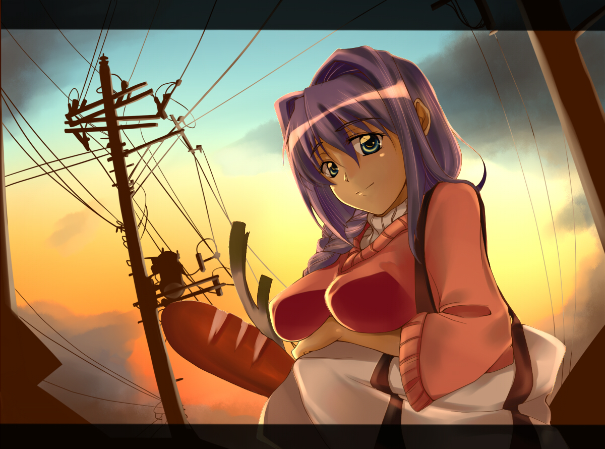 warabino matsuri, minase akiko, kanon, breast hold, bad id, bad pixiv id, 1girl, bag, blue eyes, braid, bread, breasts, female focus, food, groceries, hair intakes, mature female, power lines, purple hair, solo, spring onion, sunset, sweater