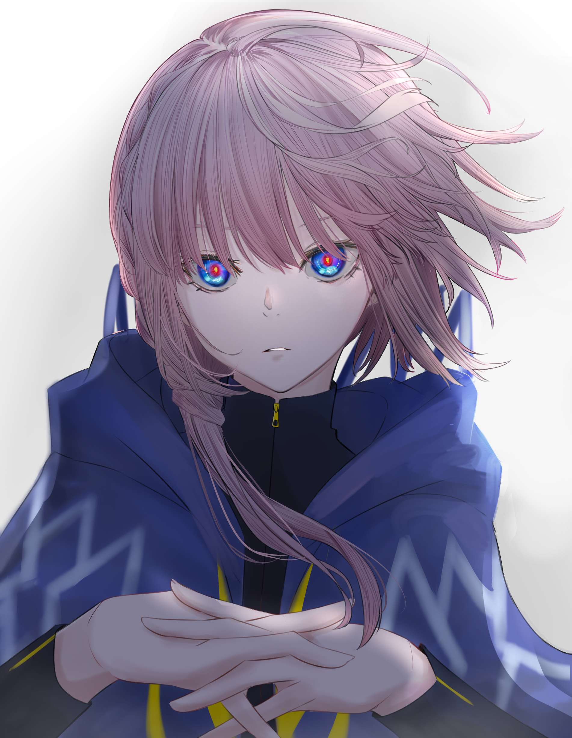 kaf (kamitsubaki studio), kamitsubaki studio, absurdres, commentary request, highres, 1girl, blue eyes, blue jacket, braid, hands up, hood, hood down, hooded jacket, interlocked fingers, jacket, long hair, looking at viewer, parted lips, pink hair, simple background, solo, tamiya (user ndxa5472), virtual youtuber, white background, yellow pupils