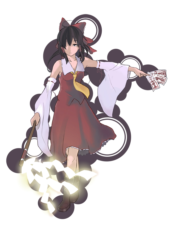 hakurei reimu, touhou, 1girl, detached sleeves, female focus, full body, gohei, japanese clothes, miko, oonusa, skirt, solo, white background