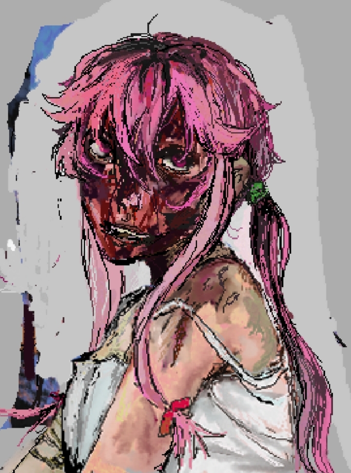 gasai yuno, mirai nikki, non-web source, photoshop (medium), blood, blood on face, injury, lolotteart, pink eyes, pink hair, pixel art