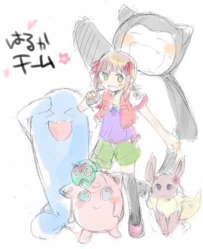 amami haruka, caterpie, eevee, jigglypuff, snorlax, wobbuffet, idolmaster, idolmaster (classic), idolmaster 1, nintendo, pokemon, lowres, non-web source, 00s, brown hair, flower, gen 1 pokemon, gen 2 pokemon, green eyes, hair flower, hair ornament, name connection, pokemon (creature), short hair, smile