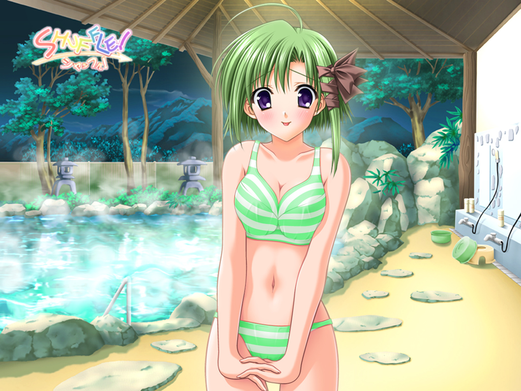 suzuhira hiro, shigure asa, shuffle!, non-web source, official art, official wallpaper, third-party edit, 00s, 1girl, ahoge, bikini, blush, breasts, breasts squeezed together, cleavage, female focus, green bikini, green hair, large breasts, navel, onsen, purple eyes, short hair, solo, striped bikini, striped clothes, swimsuit, tongue