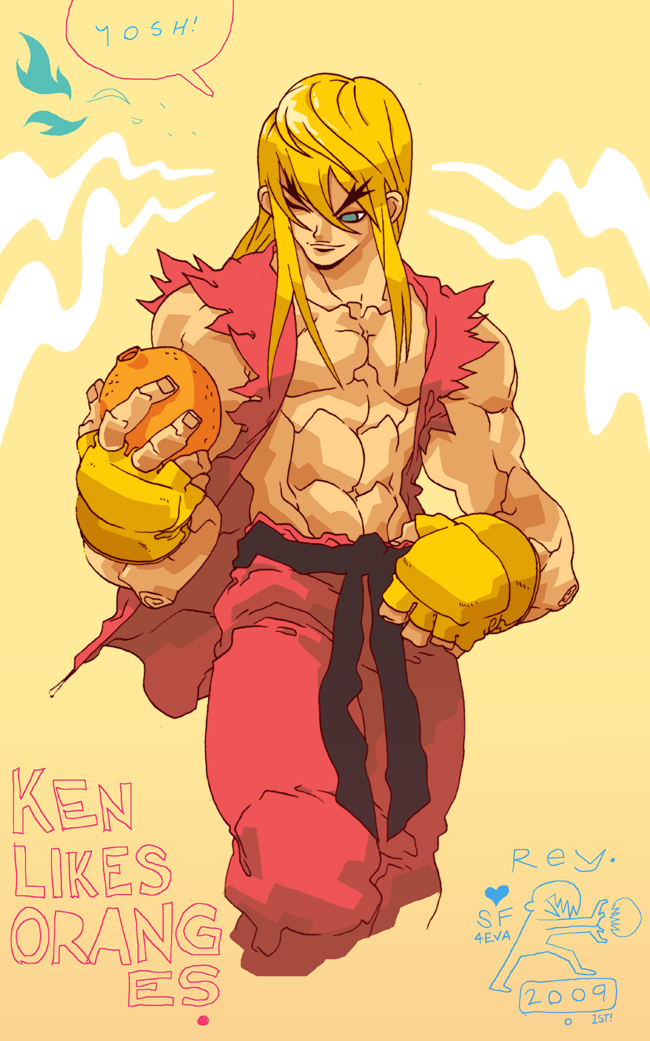 corey lewis, ken masters, capcom, street fighter, eyebrows, 00s, 1boy, 2009, abs, blonde hair, blue eyes, chibi, english text, fingerless gloves, food, fruit, gloves, japanese clothes, long hair, looking down, male focus, muscular, one eye closed, open clothes, open shirt, orange (fruit), pectorals, sash, shirt, sketch, sleeveless, smile, solo, speech bubble, standing, wink