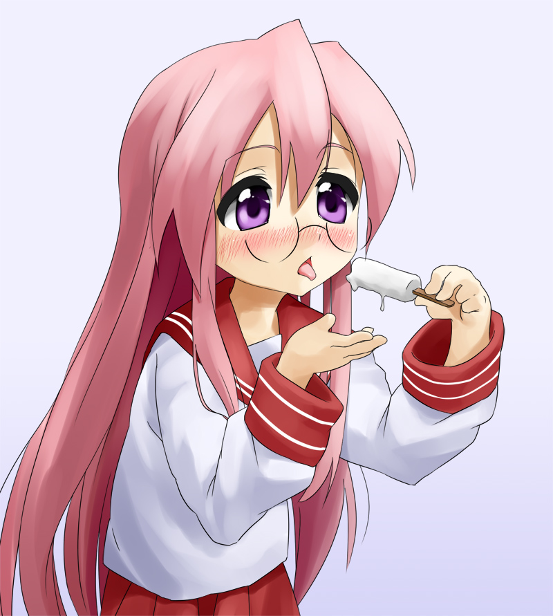 kaisen chuui, takara miyuki, lucky star, 00s, 1girl, blush, female focus, food, glasses, licking, long hair, pink hair, popsicle, purple eyes, school uniform, serafuku, sexually suggestive, solo