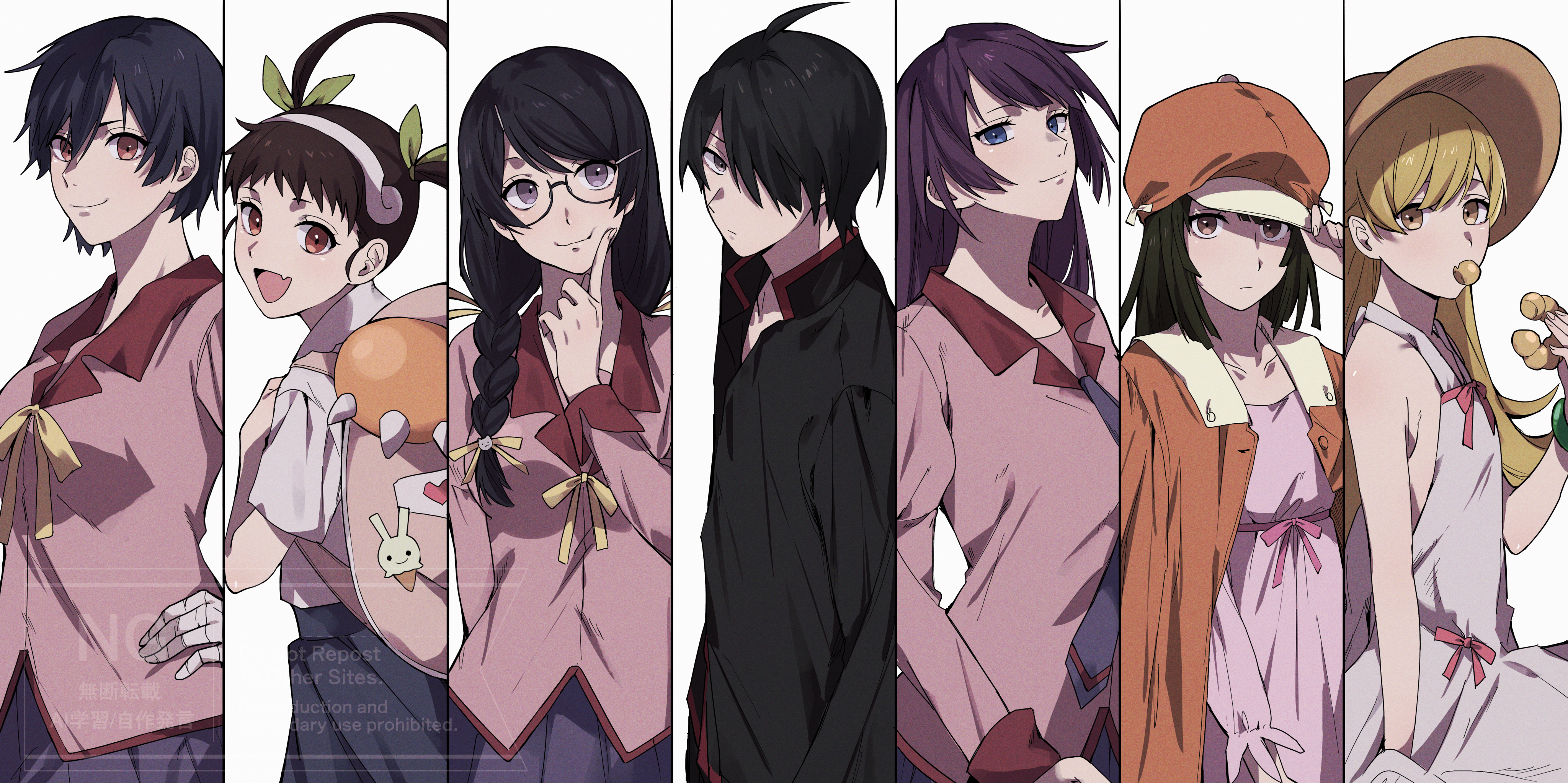 sao (55 nyu), araragi koyomi, hachikuji mayoi, hanekawa tsubasa, kanbaru suruga, oshino shinobu, sengoku nadeko, senjougahara hitagi, bakemonogatari, monogatari (series), absurdres, highres, 1boy, 6+girls, black hair, black shirt, blonde hair, blue eyes, braid, breasts, brown eyes, brown hair, closed mouth, cowboy shot, donut, dress, eyelashes, fang, food, hair between eyes, hair over one eye, hairband, hand on own hip, hat, jacket, juliet sleeves, long sleeves, looking at viewer, medium breasts, multiple girls, naoetsu high school uniform, one eye covered, open mouth, orange hat, orange jacket, pink dress, pink shirt, puffy sleeves, purple eyes, purple hair, school uniform, shadow, shirt, short hair, simple background, skin fang, sleeveless, sleeveless dress, small breasts, smile, sun hat, twin braids, twintails, white background, white dress, white hairband