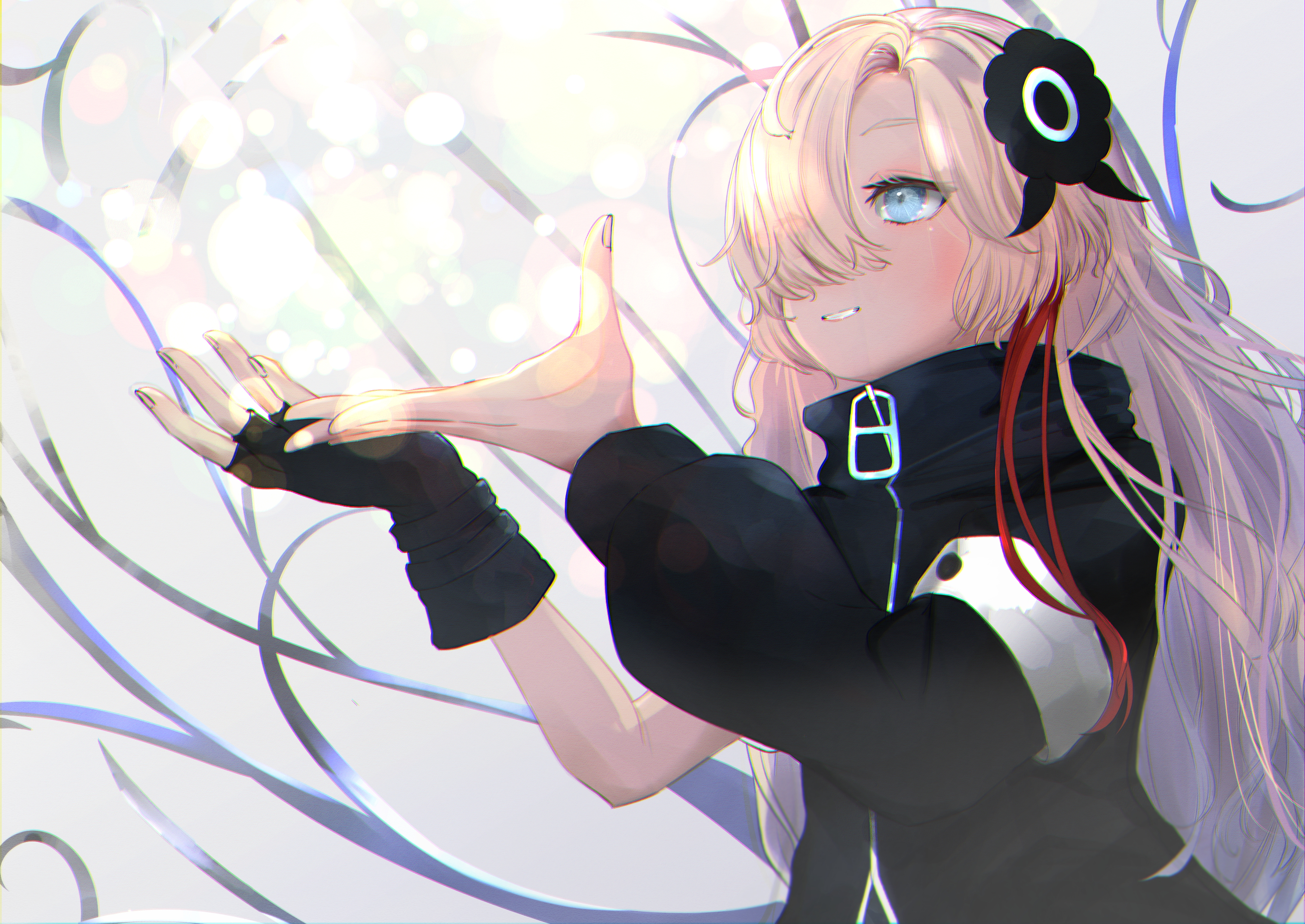 isekaijoucho, kamitsubaki studio, highres, 1girl, asymmetrical sleeves, black flower, black gloves, black jacket, blue eyes, fingerless gloves, flower, gloves, grey hair, grin, hair flower, hair ornament, hair over one eye, hands up, jacket, long hair, long sleeves, single glove, smile, solo, tamiya (user ndxa5472), uneven sleeves, upper body, virtual youtuber, white background