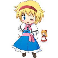 haniwa, haniwa (leaf garden), alice margatroid, hourai doll, touhou, lowres, 1girl, apron, blonde hair, blue dress, blue eyes, blush, boots, bow, capelet, chibi, doll, dress, female focus, frilled skirt, frills, hairband, headscarf, one eye closed, open mouth, orange hair, red bow, red dress, red hairband, sash, short hair, skirt, solo, white background, white sleeves, wink