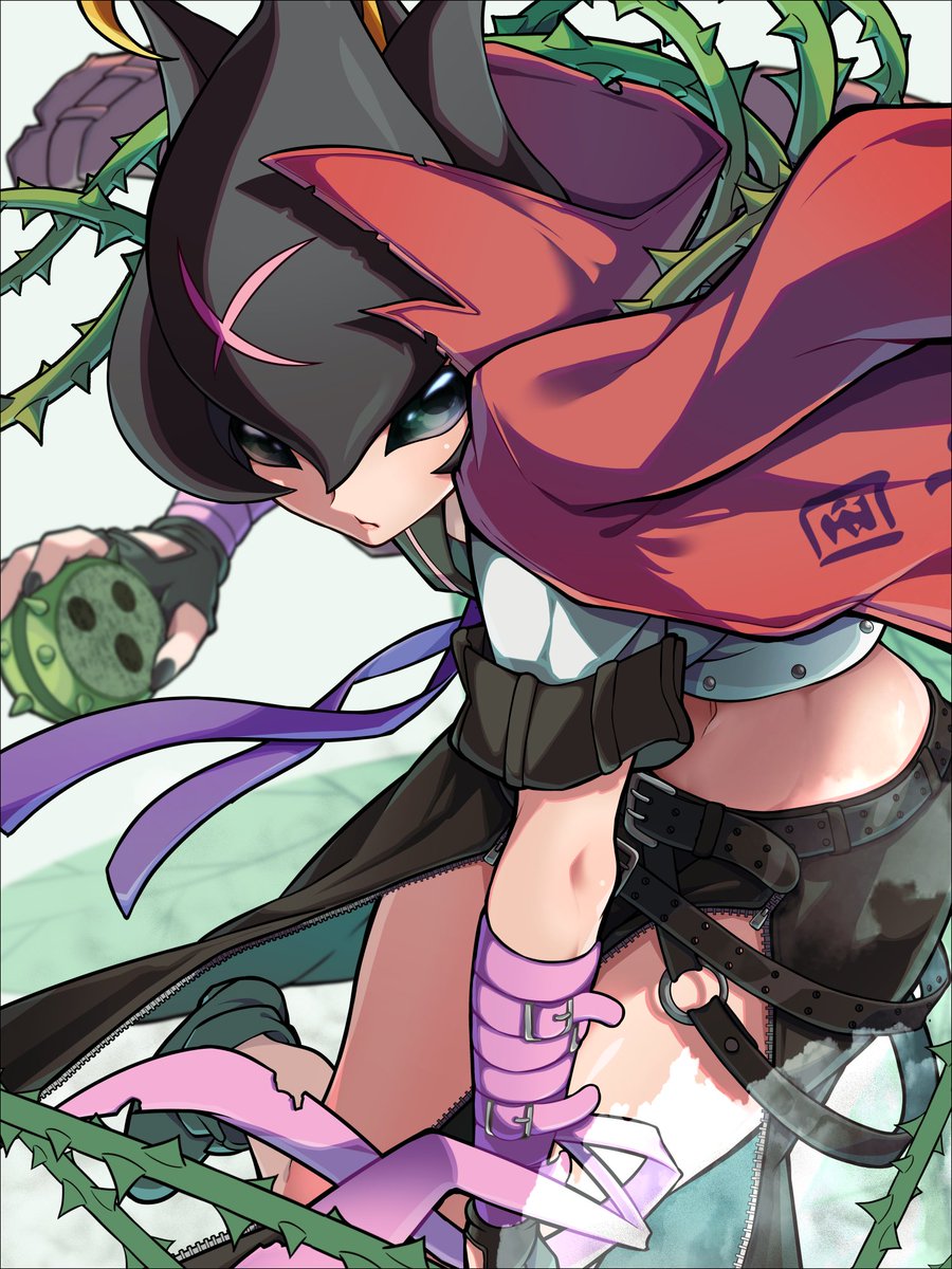 pakotaroh, bancholilimon, digimon, highres, 1girl, black eyes, black gloves, black skirt, cowboy shot, cropped shirt, denim, denim skirt, digimon (creature), fingerless gloves, gloves, holding, jacket, jacket on shoulders, long skirt, plant, red jacket, school uniform, shirt, skirt, solo, vines, white shirt, yo-yo