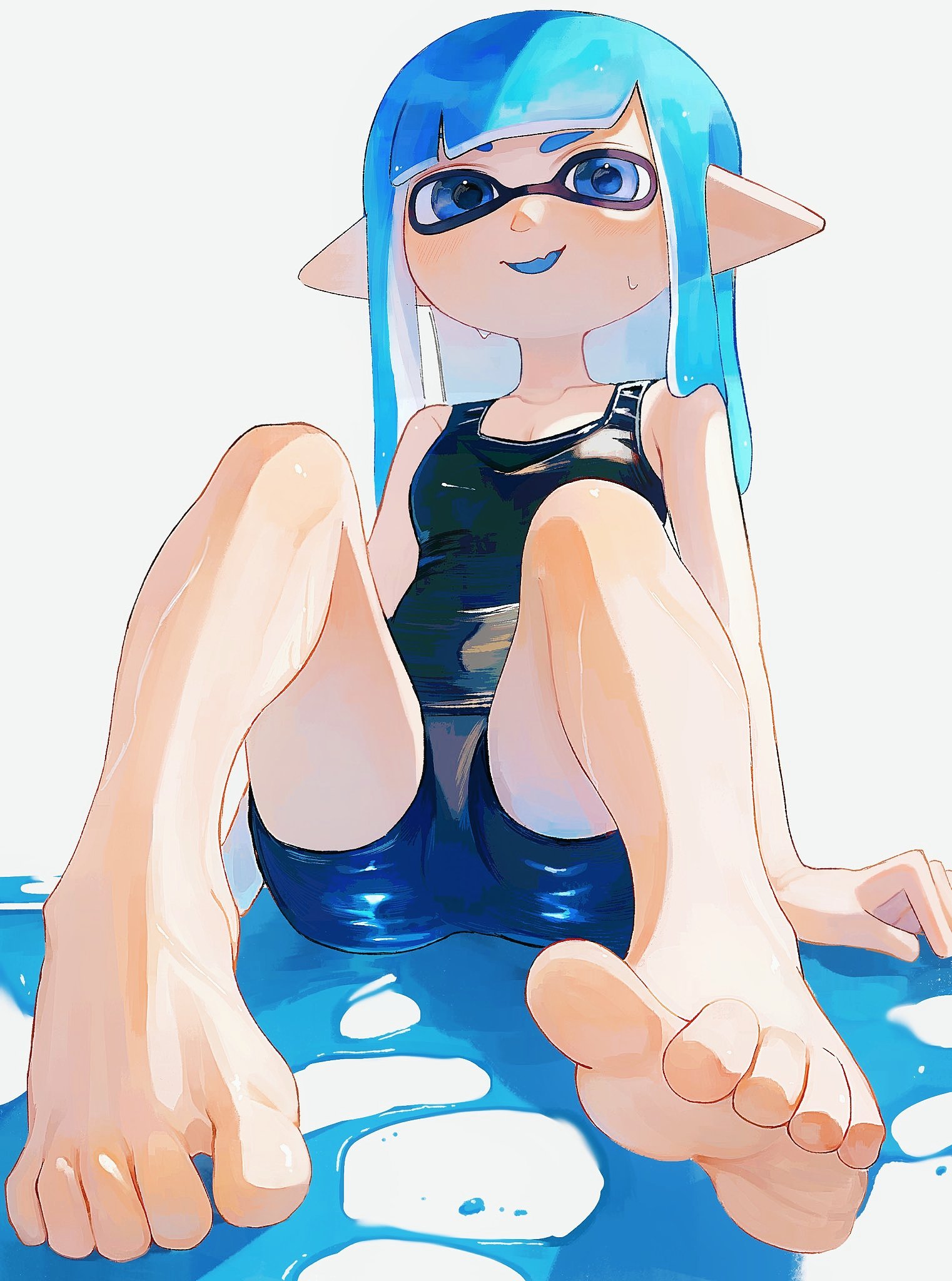 kodak painter, inkling girl, inkling player character, nintendo, splatoon (series), splatoon 3, highres, 1girl, barefoot, bike shorts, black shorts, blue eyes, blue hair, blue pupils, feet, foot focus, ink, inkling, long hair, looking at viewer, paint, pointy ears, shorts, simple background, sitting, smile, soles, solo, sweat, tentacle hair, toes, white background