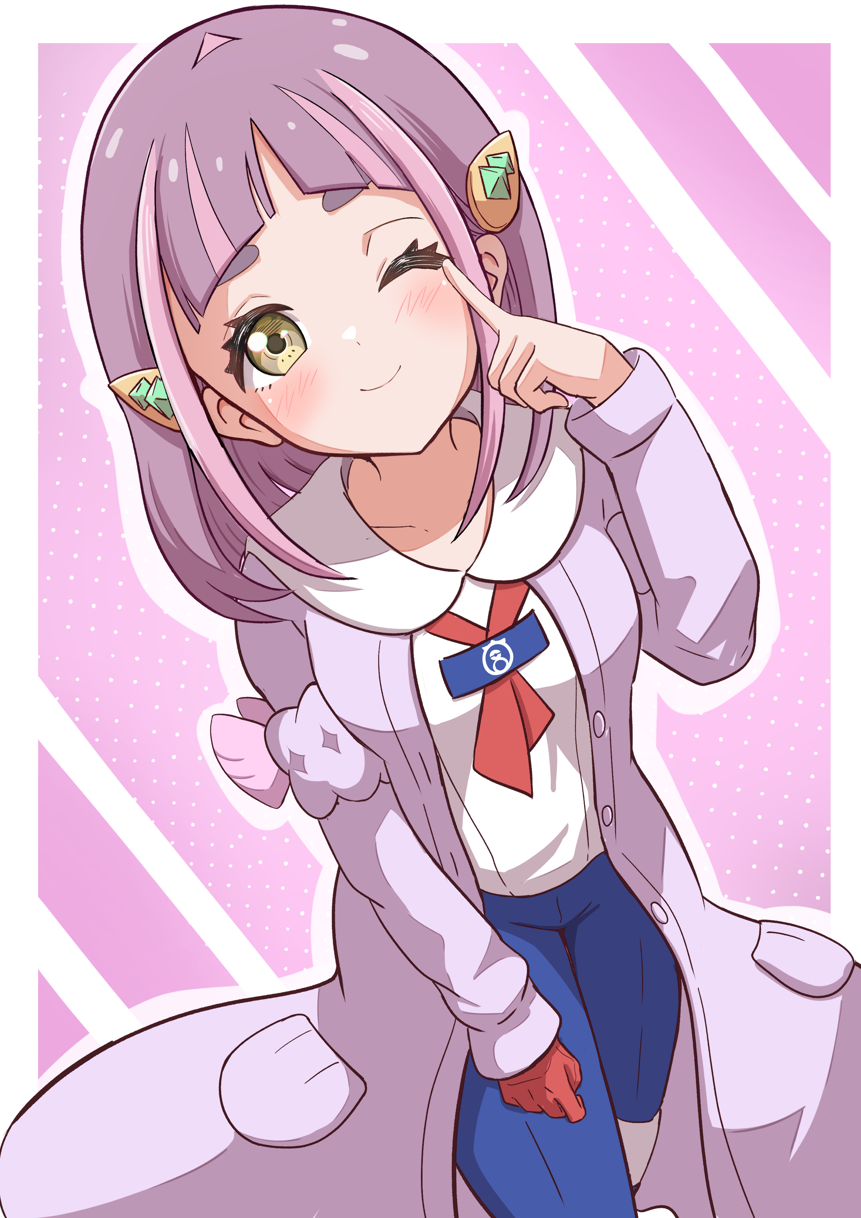 rono (lethys), lacey (pokemon), nintendo, pokemon, pokemon sv, absurdres, highres, revision, 1girl, arched bangs, blueberry academy school uniform, blush, breasts, cardigan, closed mouth, collared shirt, eyelashes, gloves, hair ornament, hairclip, index finger raised, long sleeves, looking at viewer, one eye closed, open clothes, pants, pink hair, red gloves, round collar, school uniform, shirt, short hair, single glove, smile, solo, white shirt, yellow eyes