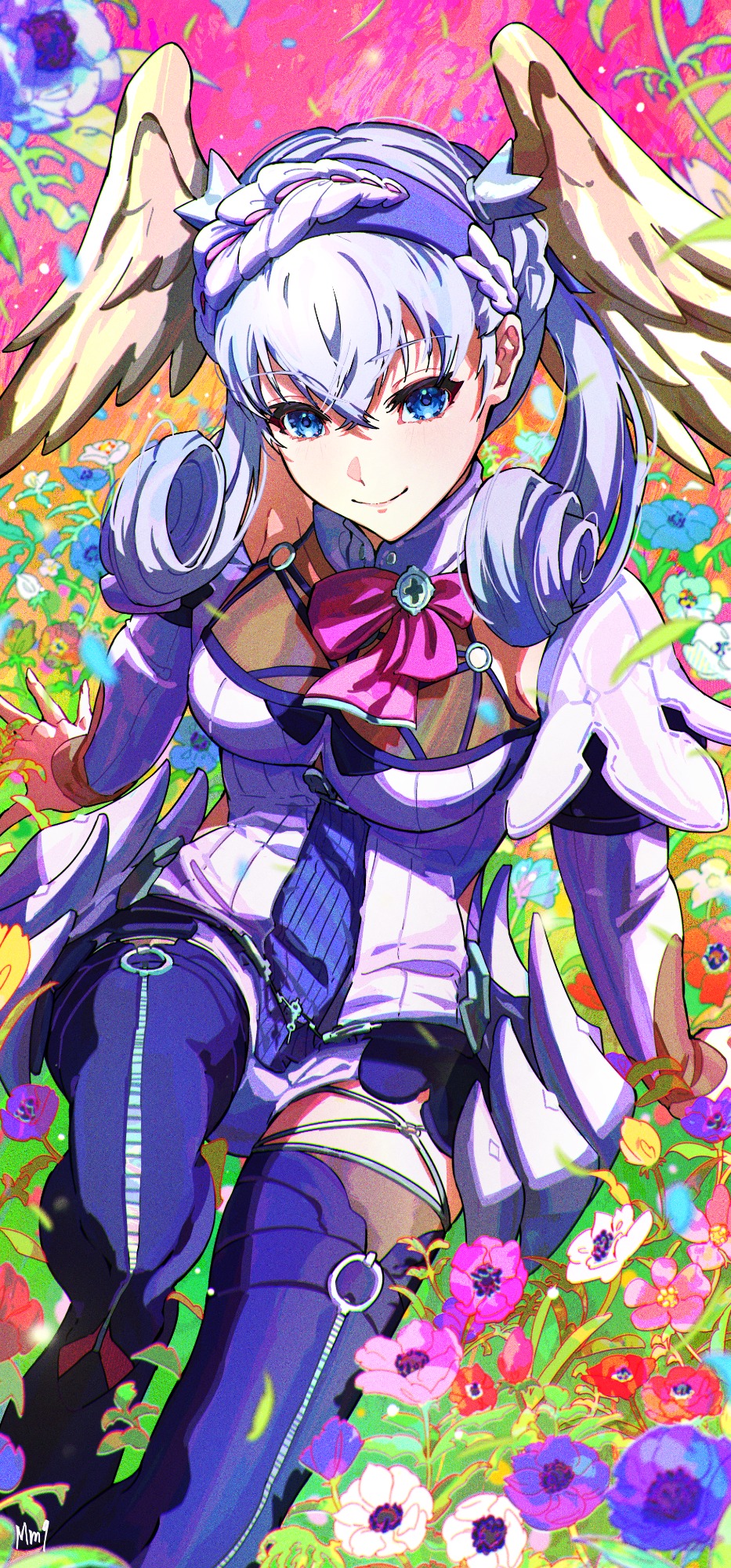 milo monzon, melia antiqua, xenoblade chronicles: future connected, xenoblade chronicles (series), xenoblade chronicles 1, commentary, highres, 1girl, abstract background, blue eyes, breasts, closed mouth, crossed bangs, flower, hair between eyes, head wings, looking at viewer, pink flower, purple flower, smile, solo, white hair, wings