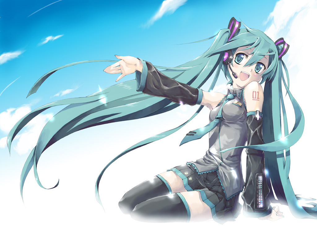 pitomo, hatsune miku, vocaloid, 1girl, aqua eyes, aqua hair, arm support, blush, detached sleeves, female focus, long hair, sky, smile, solo, thighhighs, twintails, very long hair