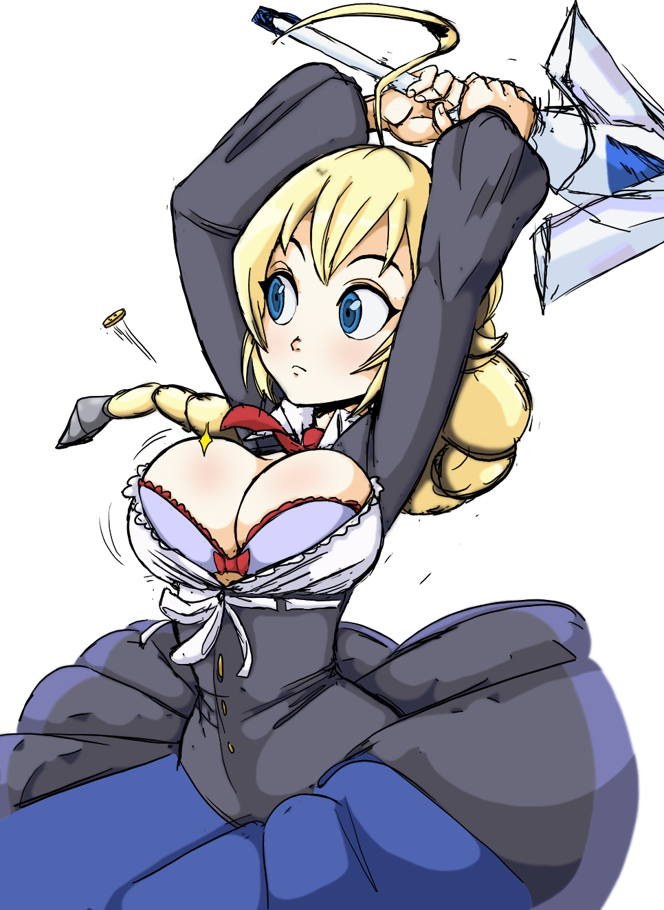 teevo, es (xblaze), blazblue, xblaze, arms up, blonde hair, blue eyes, bra, braid, braided ponytail, breasts, cleavage, dress, greatsword, huge weapon, large breasts, sword, underwear, wardrobe malfunction, weapon