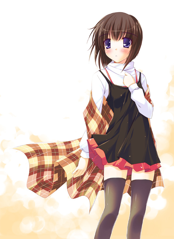yuki usagi, misaka shiori, kanon, plaid, bad id, bad pixiv id, blue eyes, brown hair, shawl, short hair, skirt, solo, thighhighs, zettai ryouiki