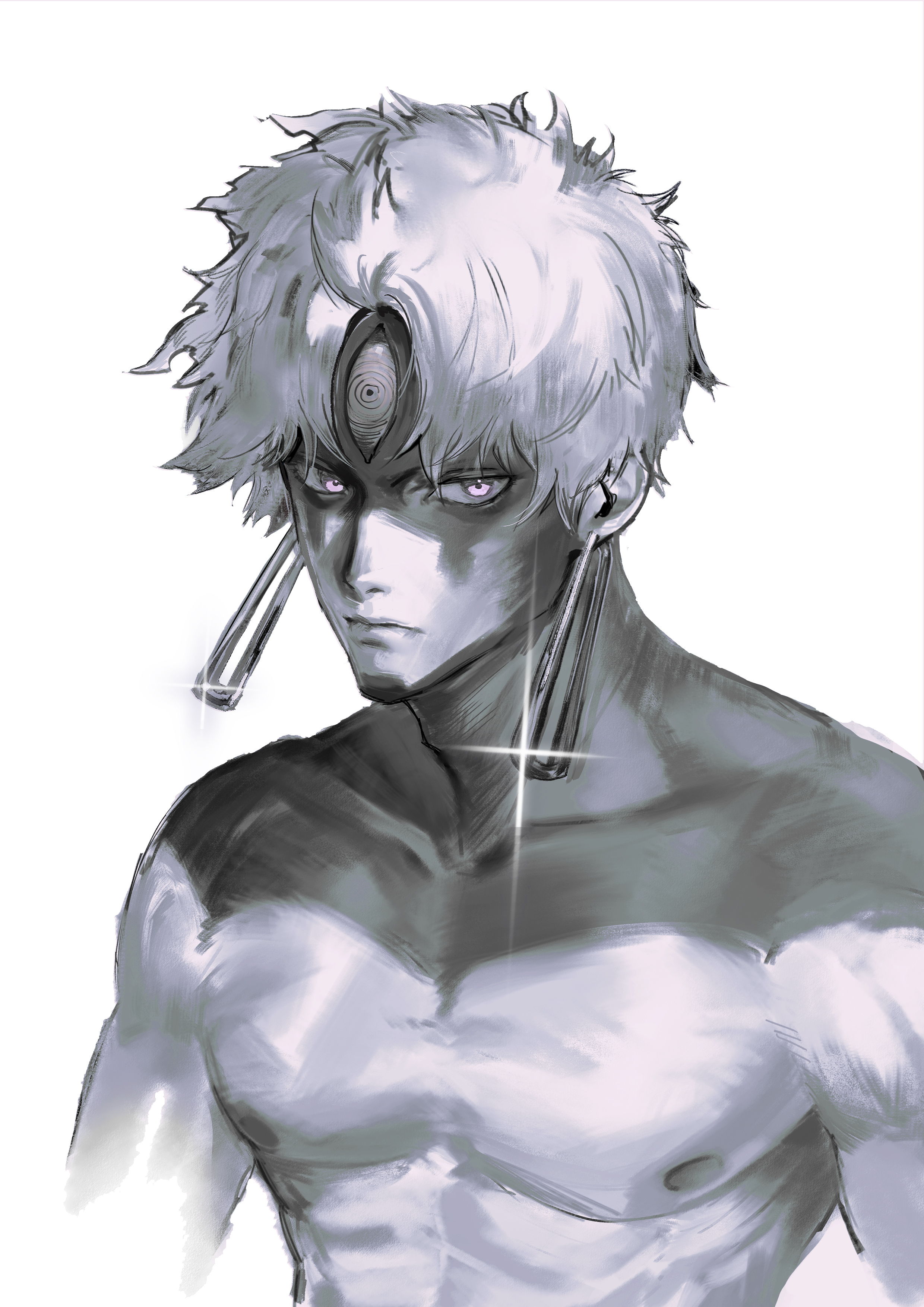 enjoji jin, evil eye (dandadan), dandadan, absurdres, hashtag-only commentary, highres, 1boy, closed mouth, collarbone, earrings, glint, jewelry, lips, looking at viewer, male focus, openakin, pectorals, possessed, short hair, solo, third eye, toned, toned male, topless male, upper body, white background