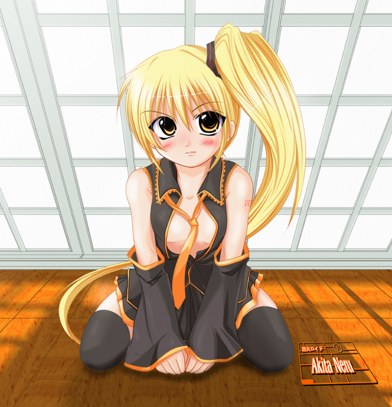 kirihane, akita neru, vocaloid, blonde hair, blush, detached sleeves, long hair, necktie, open clothes, open shirt, ponytail, shirt, side ponytail, skirt, solo, thighhighs, yellow eyes, zettai ryouiki