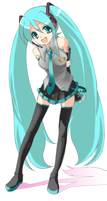 yuuki michiko, hatsune miku, vocaloid, bad id, bad pixiv id, aqua eyes, aqua hair, boots, detached sleeves, headphones, long hair, microphone, solo, thigh boots, thighhighs, twintails, zettai ryouiki