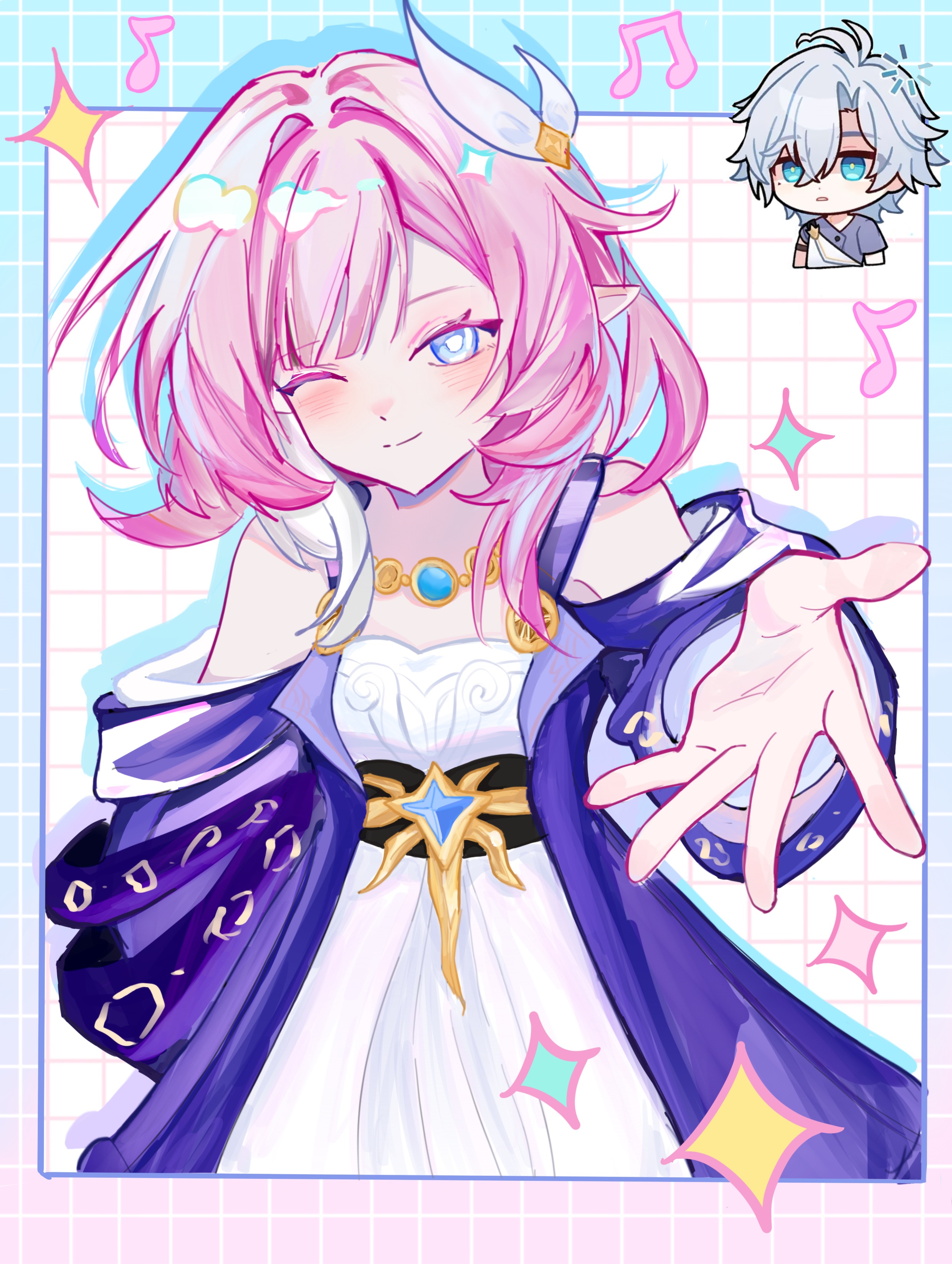 cyrene (honkai: star rail), phainon (a dream scented in wheat) (honkai: star rail), phainon (honkai: star rail), honkai: star rail, honkai (series), absurdres, chinese commentary, commentary request, highres, textless version, 1boy, 1girl, ;), ahoge, bare shoulders, breasts, coat, cyrene (aedes elysiae) (honkai: star rail), dress, grid background, hair ornament, jewelry, looking at viewer, multicolored hair, musical note, necklace, one eye closed, pink hair, pointy ears, purple coat, purple shirt, qi918173, reaching, reaching towards viewer, shirt, short hair, small breasts, smile, two-tone hair, white dress, white hair
