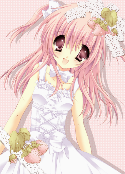 shanae, original, dress, food, food as clothes, frills, fruit, hair ribbon, long hair, pink eyes, pink hair, ribbon, solo, strawberry